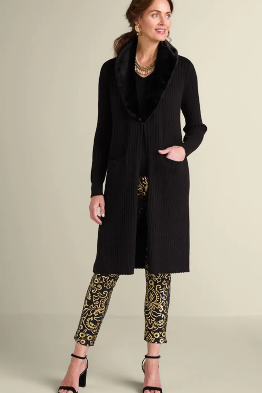 Soft Surroundings Amalie Faux Fur Collar Ribbed Cardigan- Sweaters & Cardigans