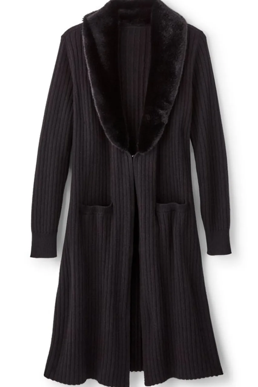 Soft Surroundings Amalie Faux Fur Collar Ribbed Cardigan- Sweaters & Cardigans