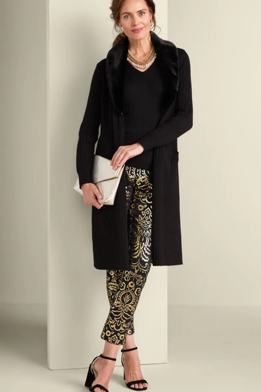 Soft Surroundings Amalie Faux Fur Collar Ribbed Cardigan- Sweaters & Cardigans