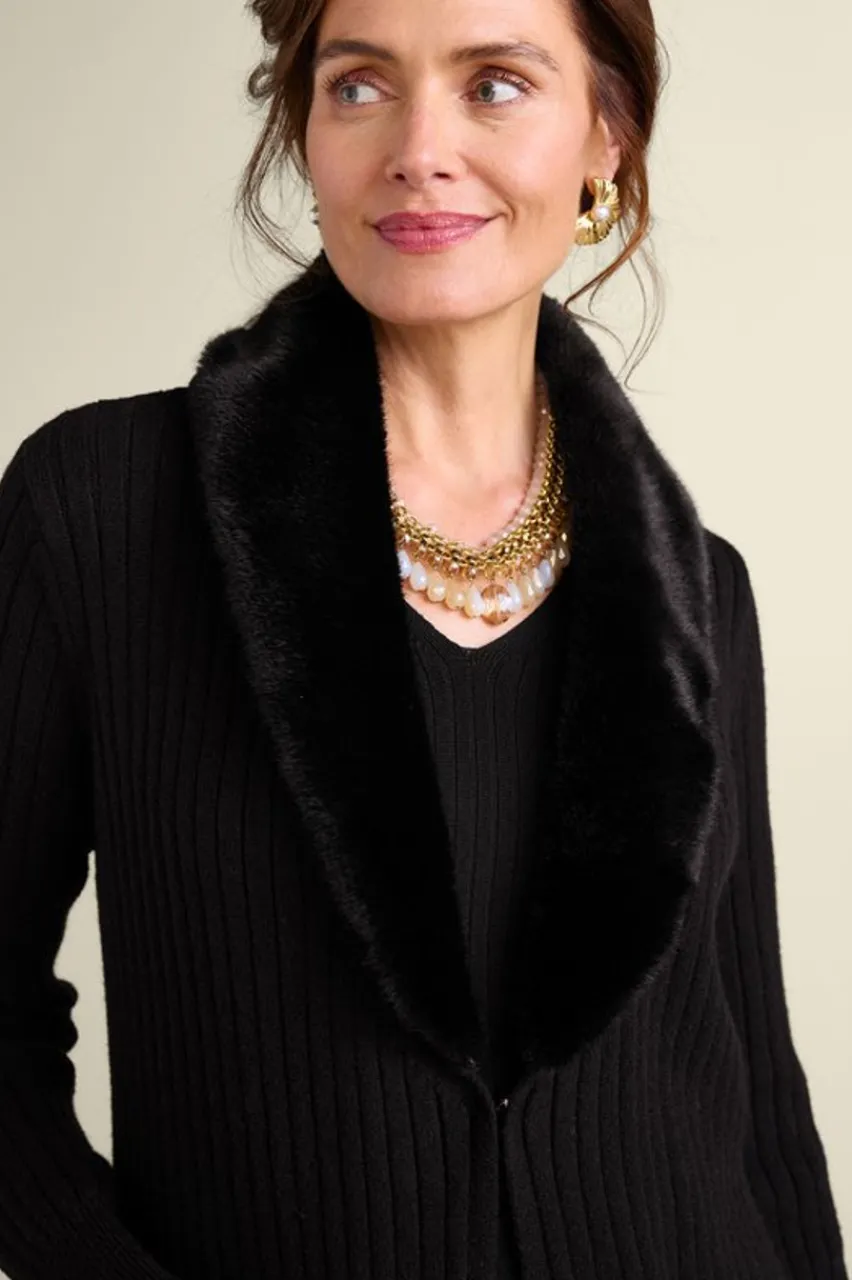 Soft Surroundings Amalie Faux Fur Collar Ribbed Cardigan- Sweaters & Cardigans