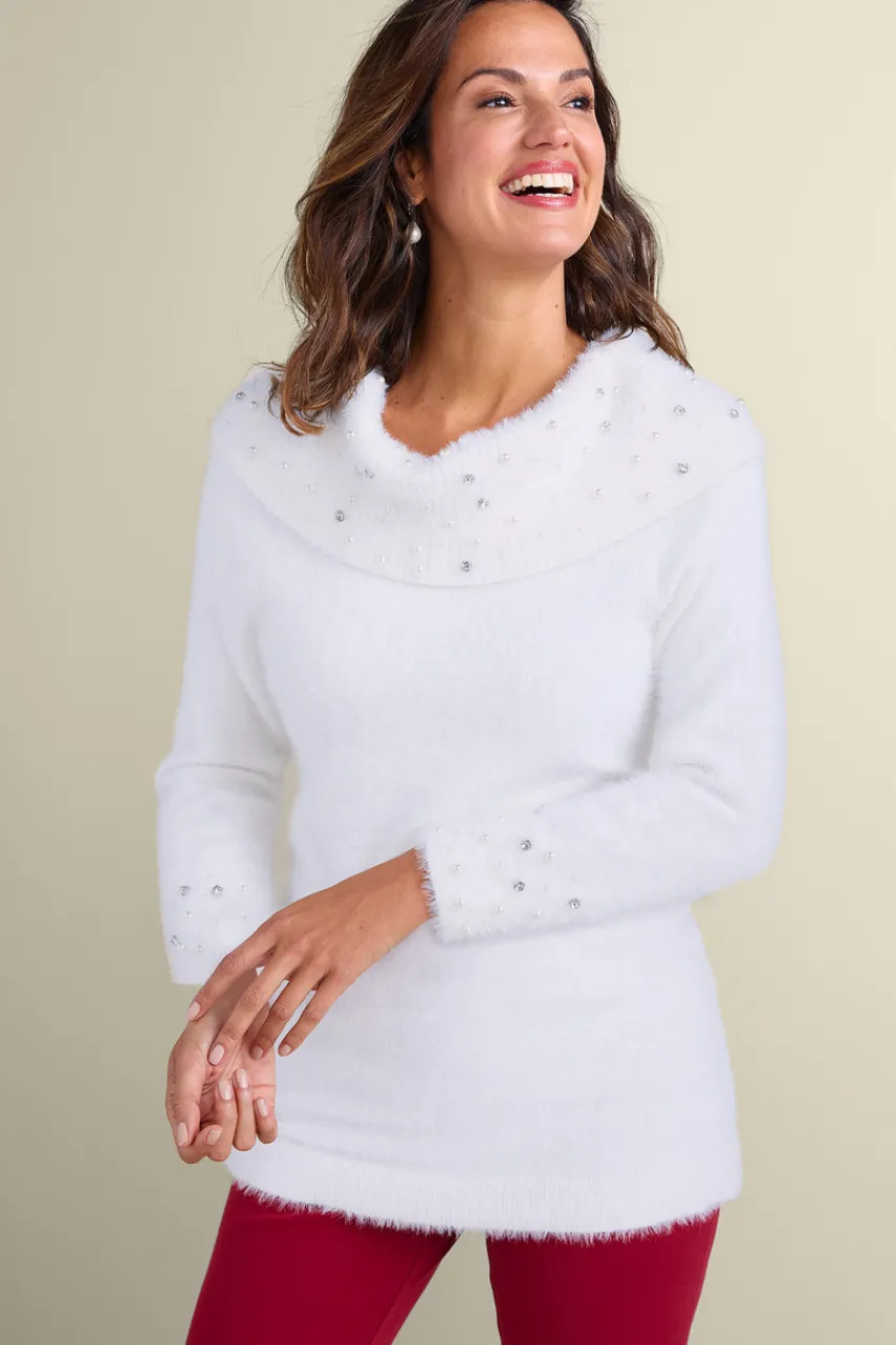 Soft Surroundings Christina Embellished Cowl Neck Sweater Tunic- Tops|Sweaters & Cardigans