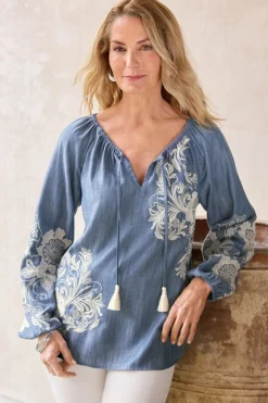 Soft Surroundings Diya Embroidered Tencel™ Peasant Top- Tops