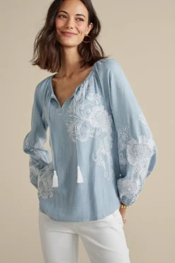 Soft Surroundings Diya Embroidered Tencel™ Peasant Top- Tops