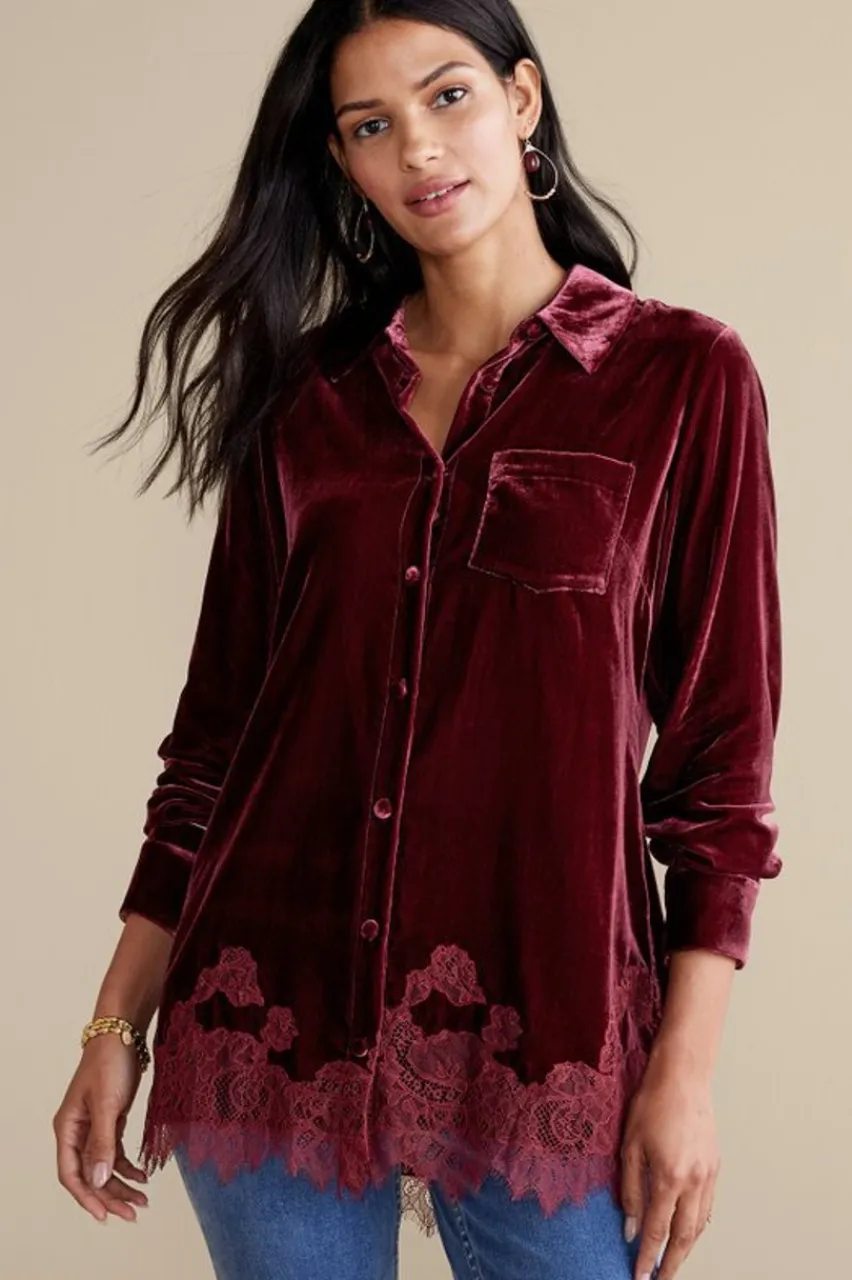 Soft Surroundings Eden Velvet and Lace Shirt- Tops