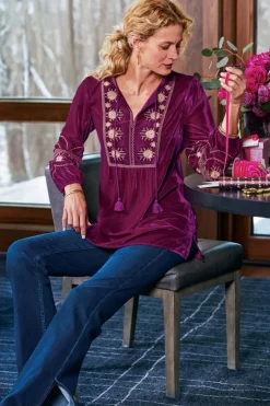 Soft Surroundings Evelyne Embroidered Velvet Tunic- Tops
