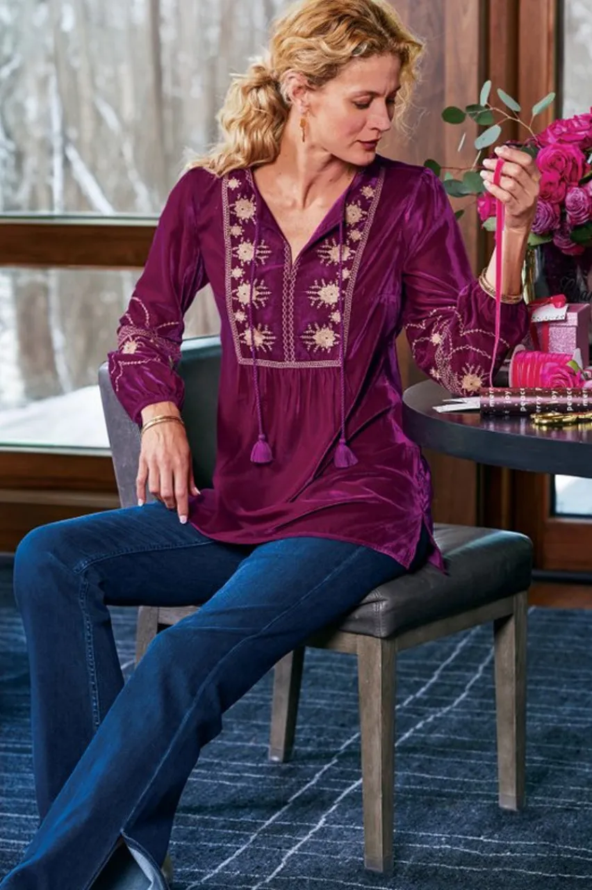 Soft Surroundings Evelyne Embroidered Velvet Tunic- Tops