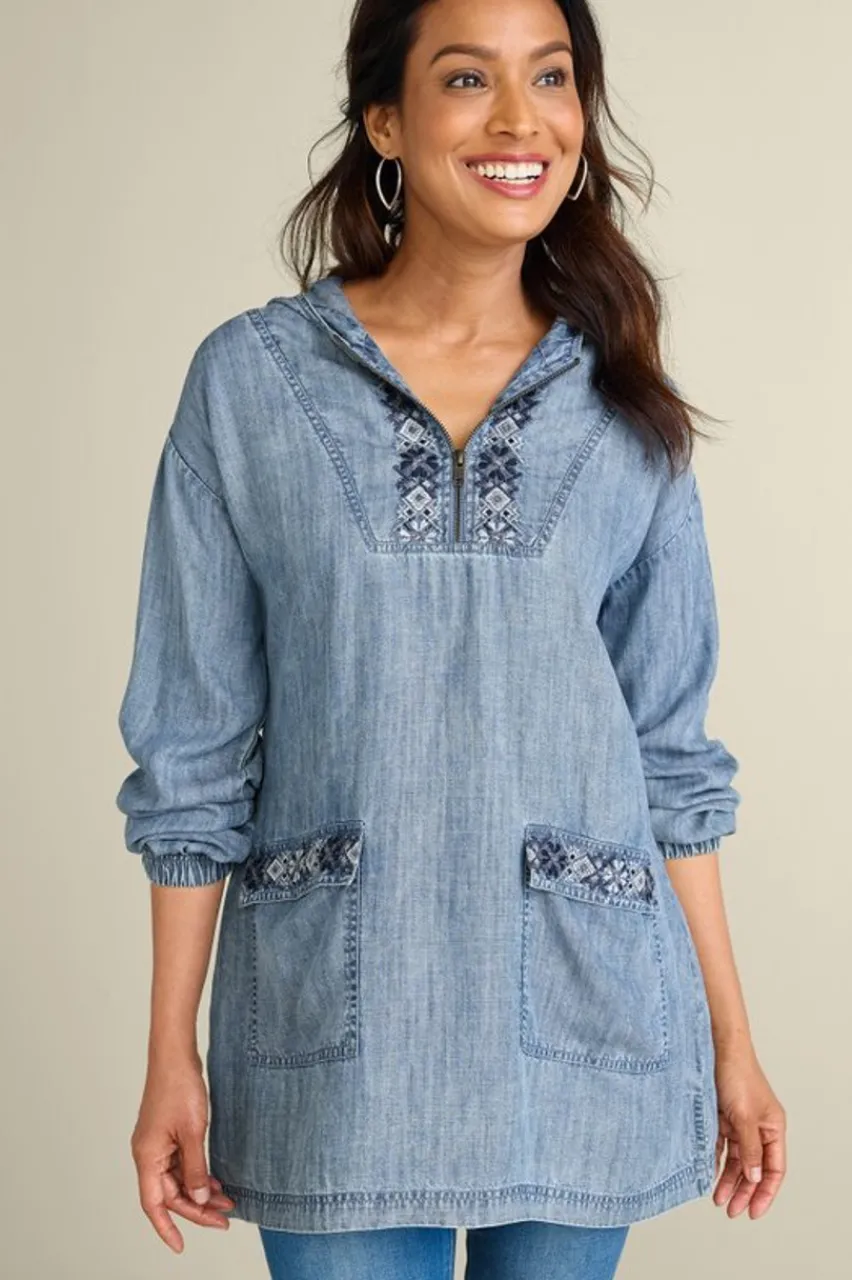 Soft Surroundings Evie Embroidered Tencel Hoodie- Tops