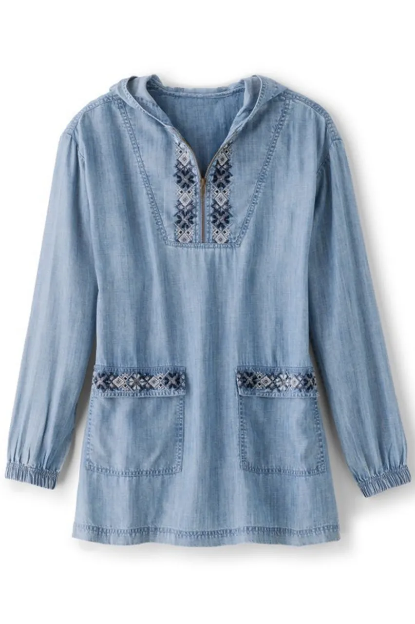 Soft Surroundings Evie Embroidered Tencel Hoodie- Tops