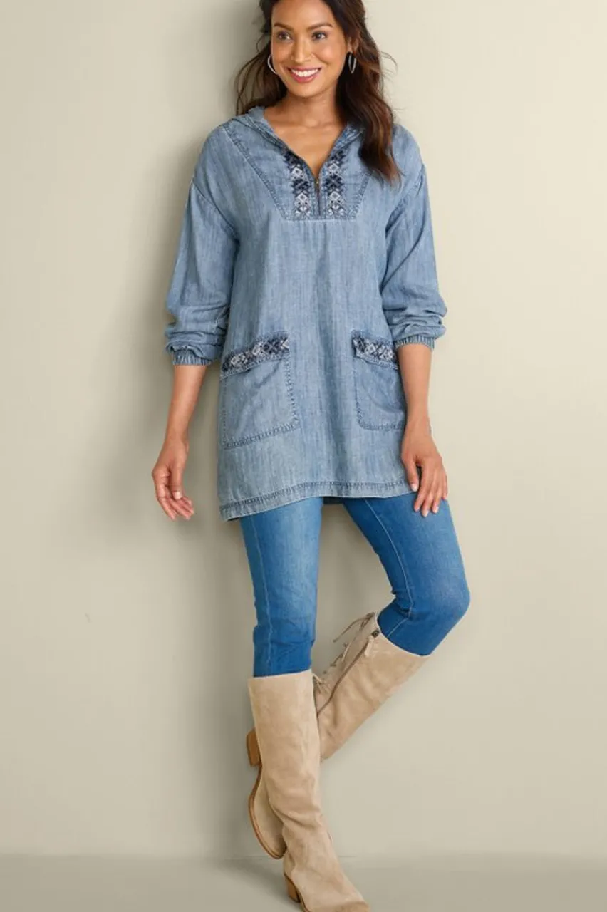 Soft Surroundings Evie Embroidered Tencel Hoodie- Tops