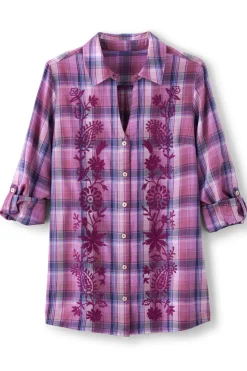 Soft Surroundings Gracie Embroidered Plaid Big Shirt- Tops