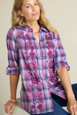 Soft Surroundings Gracie Embroidered Plaid Big Shirt- Tops