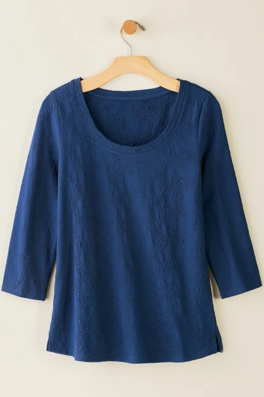 Soft Surroundings Linnea Embroidered 3/4 Sleeve Tee- Tops