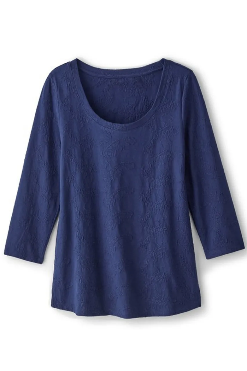Soft Surroundings Linnea Embroidered 3/4 Sleeve Tee- Tops
