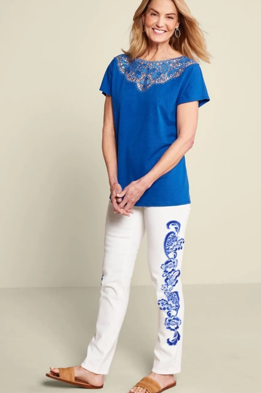 Soft Surroundings Luella Linen Blend Lace Tee- Tops