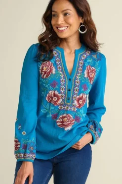 Soft Surroundings Riva Embroidered Knit Gauze Top- Tops