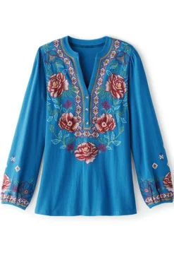 Soft Surroundings Riva Embroidered Knit Gauze Top- Tops