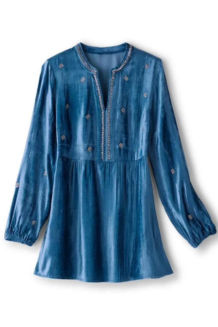 Soft Surroundings Verna Embellished Velvet Tunic- Tops
