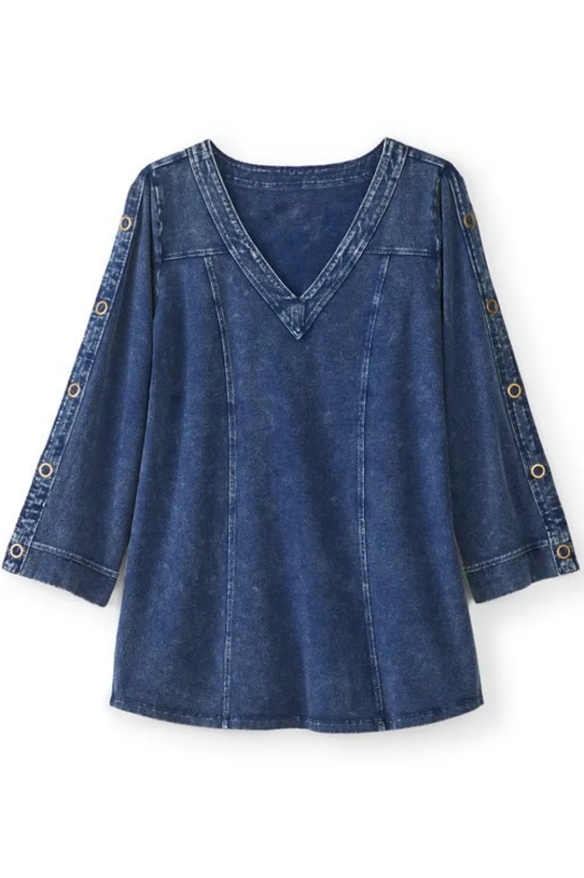 Soft Surroundings Wilma Washed Knit Denim Tunic- Tops|Tunics & Leggings