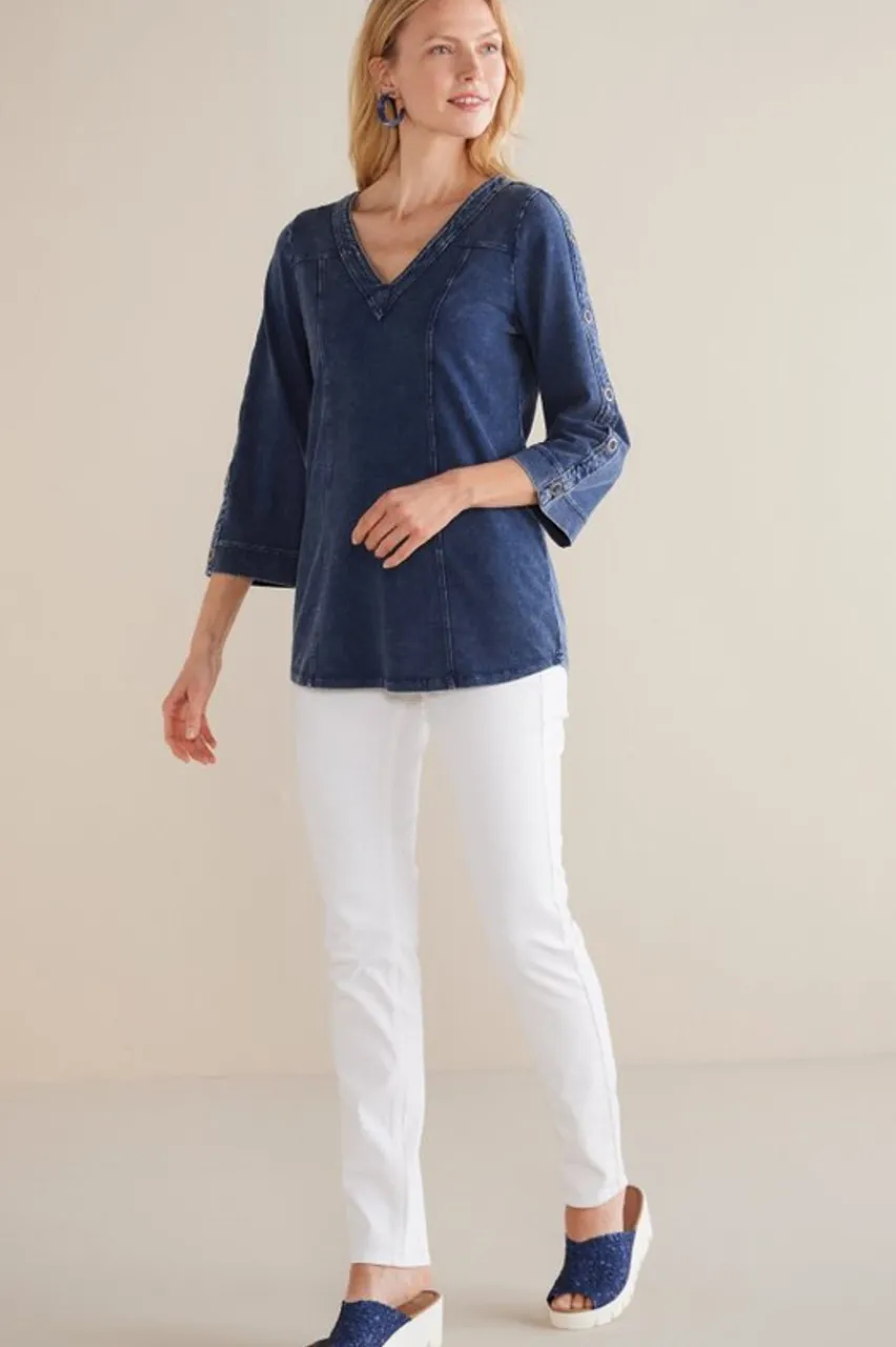 Soft Surroundings Wilma Washed Knit Denim Tunic- Tops|Tunics & Leggings