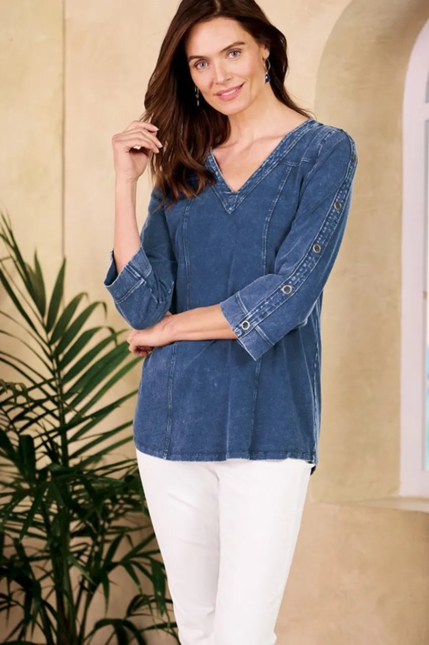 Soft Surroundings Wilma Washed Knit Denim Tunic- Tops|Tunics & Leggings