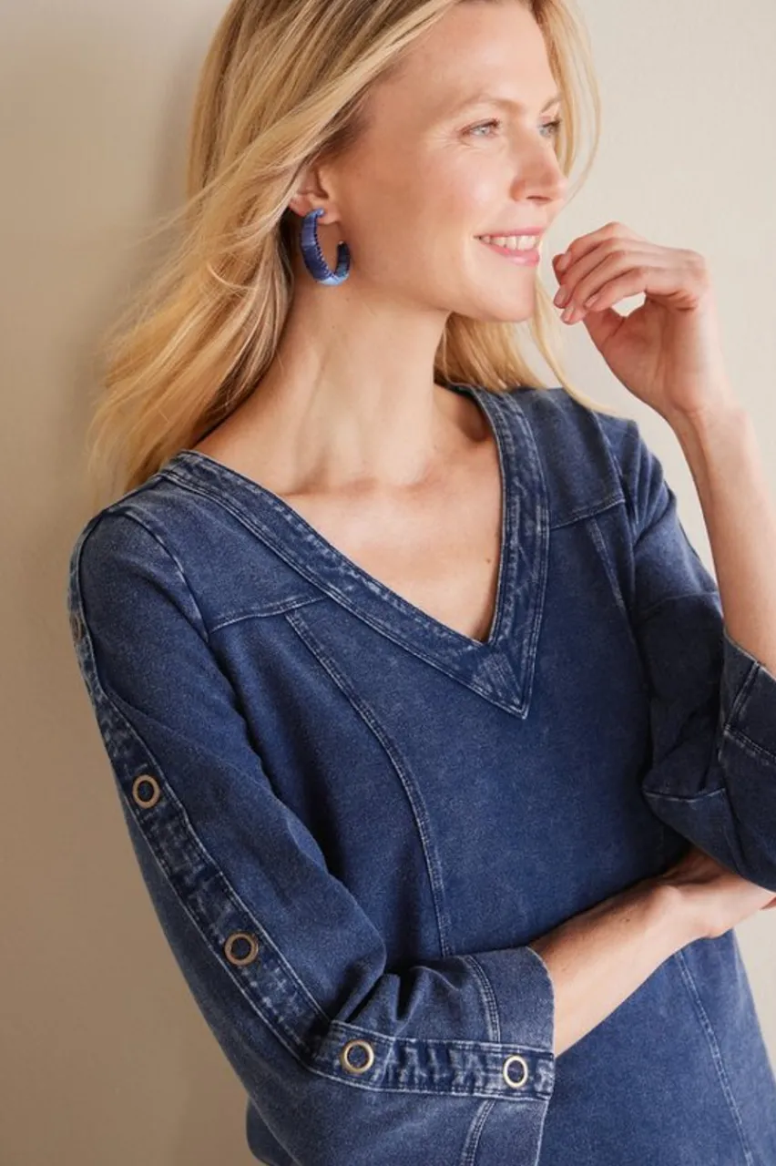 Soft Surroundings Wilma Washed Knit Denim Tunic- Tops|Tunics & Leggings